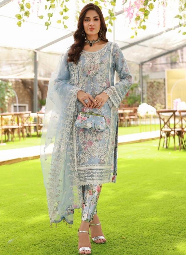 Organza Silk Sky Blue Festival Wear Printed Pakistani Suit